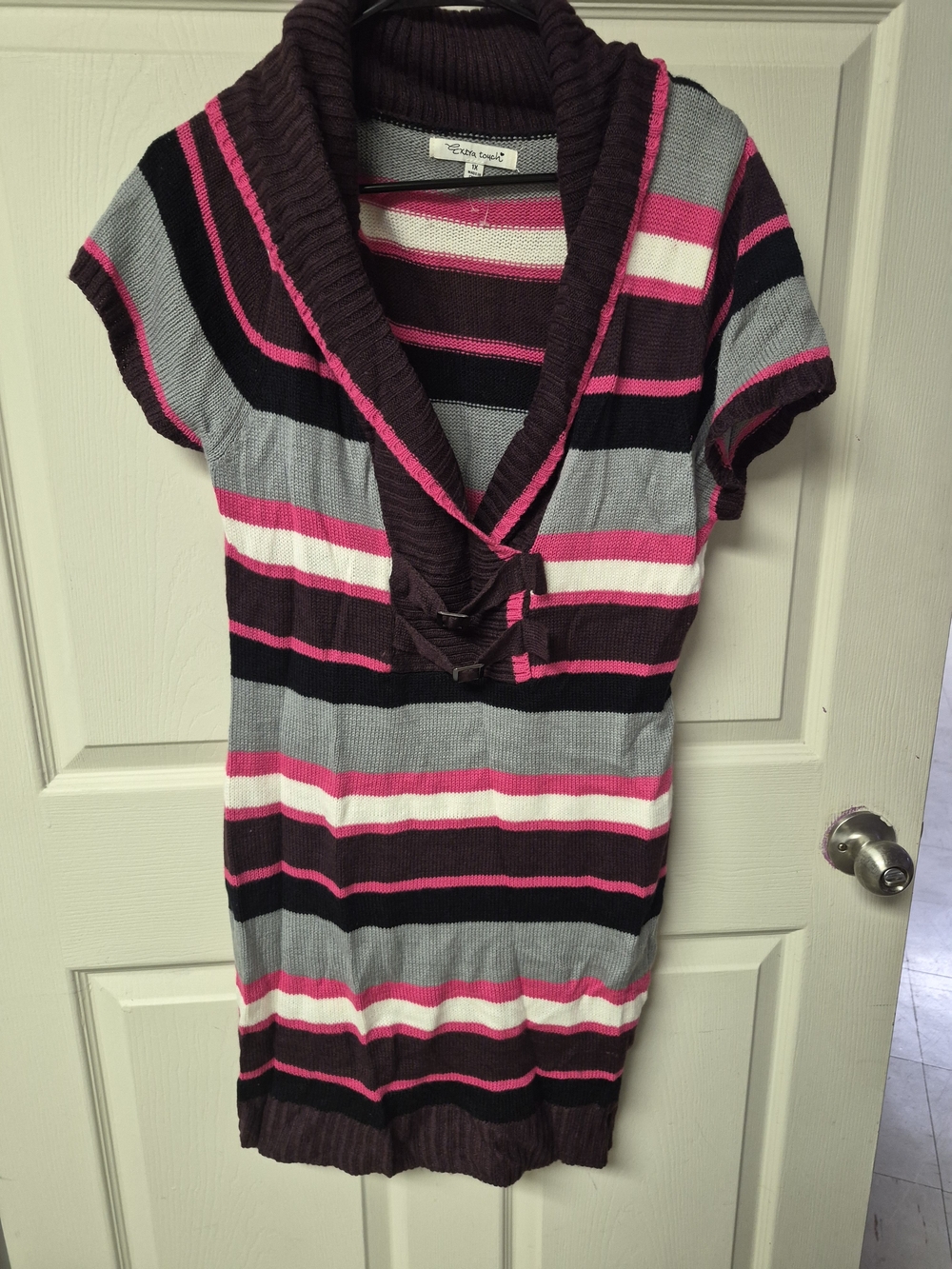 Extra Touch Striped Shawl-Collar Tunic in Brown, Pink & Gray